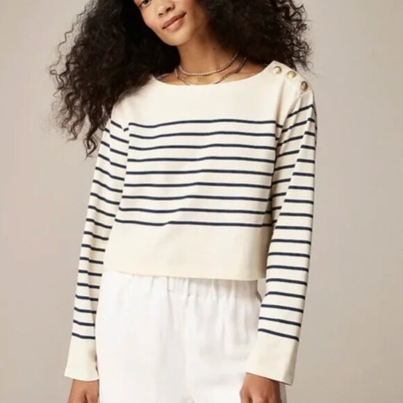 J. Crew Tops - J.Crew Women’s Cropped boatneck T-shirt with buttons in mariner cotton - Size L